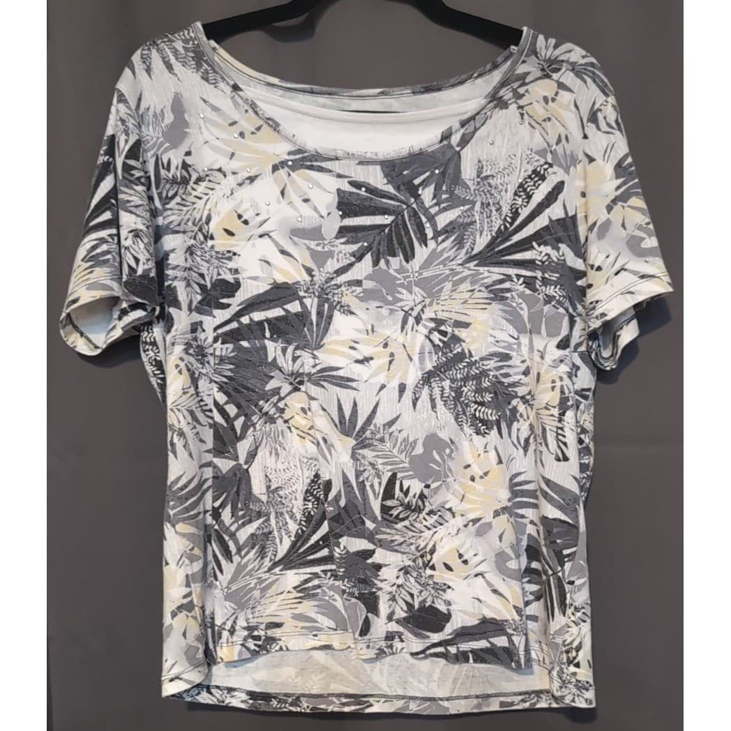 Basic Editions Tropical Leaf Print Top, Rhinestone Scoop Neck, Women's Large - Thumbnail 3
