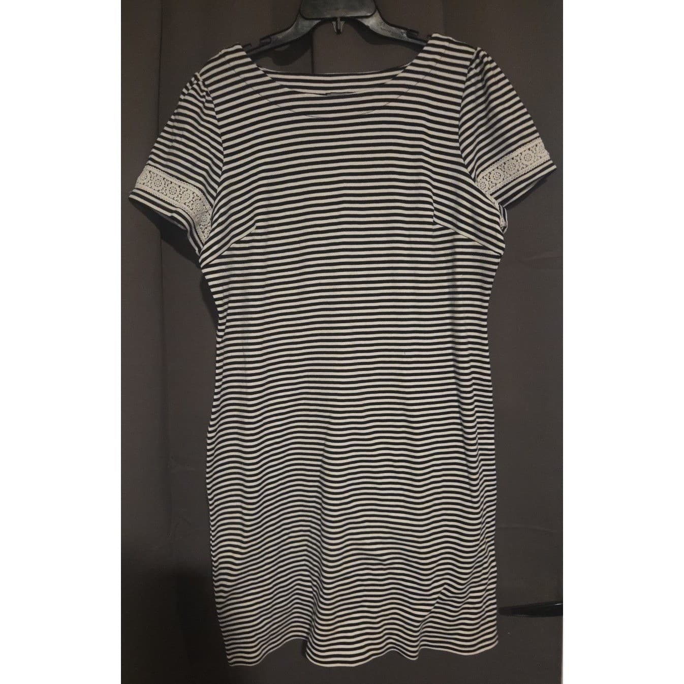 Ann Taylor Loft Striped Lace Trim Sheath Black White Dress, Women's Petite XP - Thumbnail 3