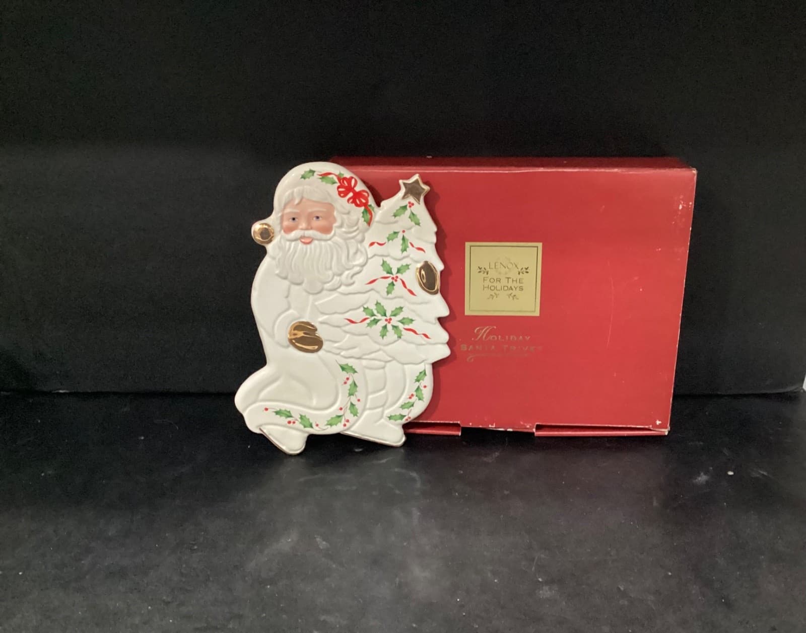 Vintage Lenox Christmas Santa Claus Trivet Gold Accents Holly Leaves