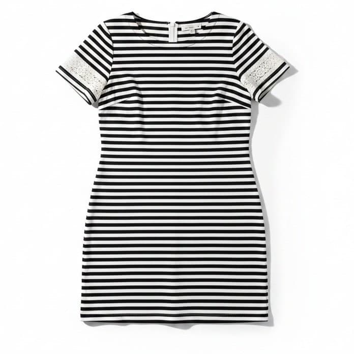 Ann Taylor Loft Striped Lace Trim Sheath Black White Dress, Women's Petite XP