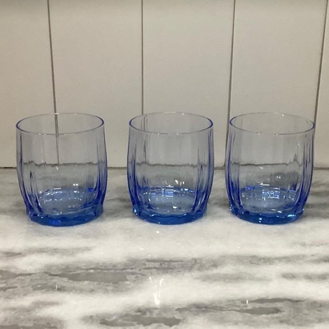 Oneida Valor Blue Juice Glasses, Set of 3, Vintage Pasabahce Ribbed Tumblers - Thumbnail 4