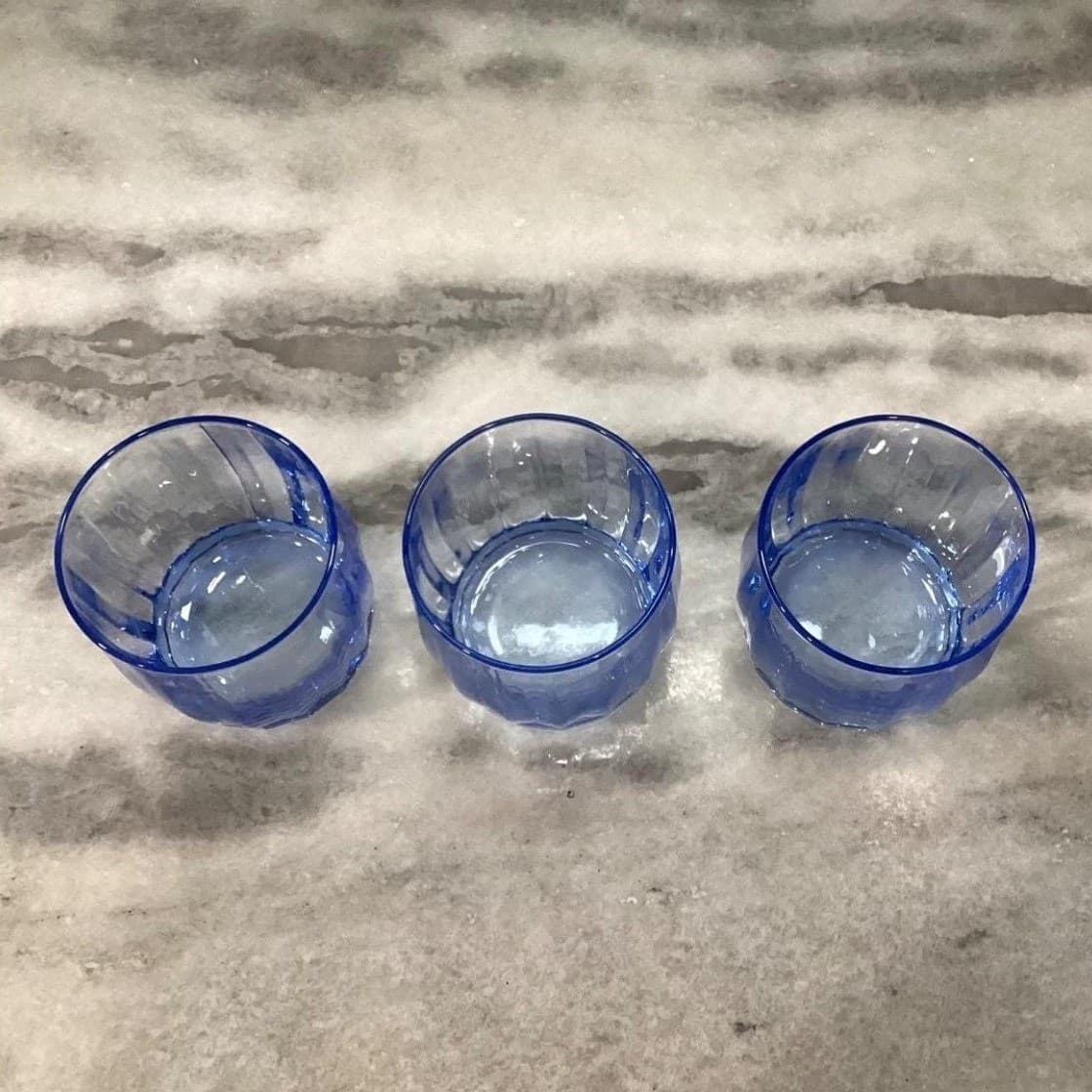 Oneida Valor Blue Juice Glasses, Set of 3, Vintage Pasabahce Ribbed Tumblers - Thumbnail 9
