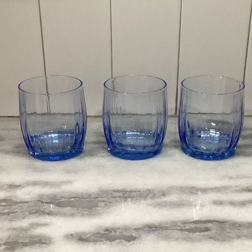 Oneida Valor Blue Juice Glasses, Set of 3, Vintage Pasabahce Ribbed Tumblers - Thumbnail 5