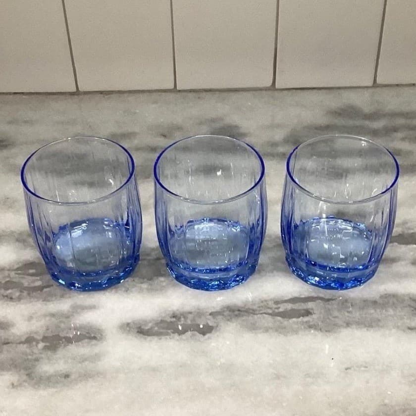Oneida Valor Blue Juice Glasses, Set of 3, Vintage Pasabahce Ribbed Tumblers - Thumbnail 8