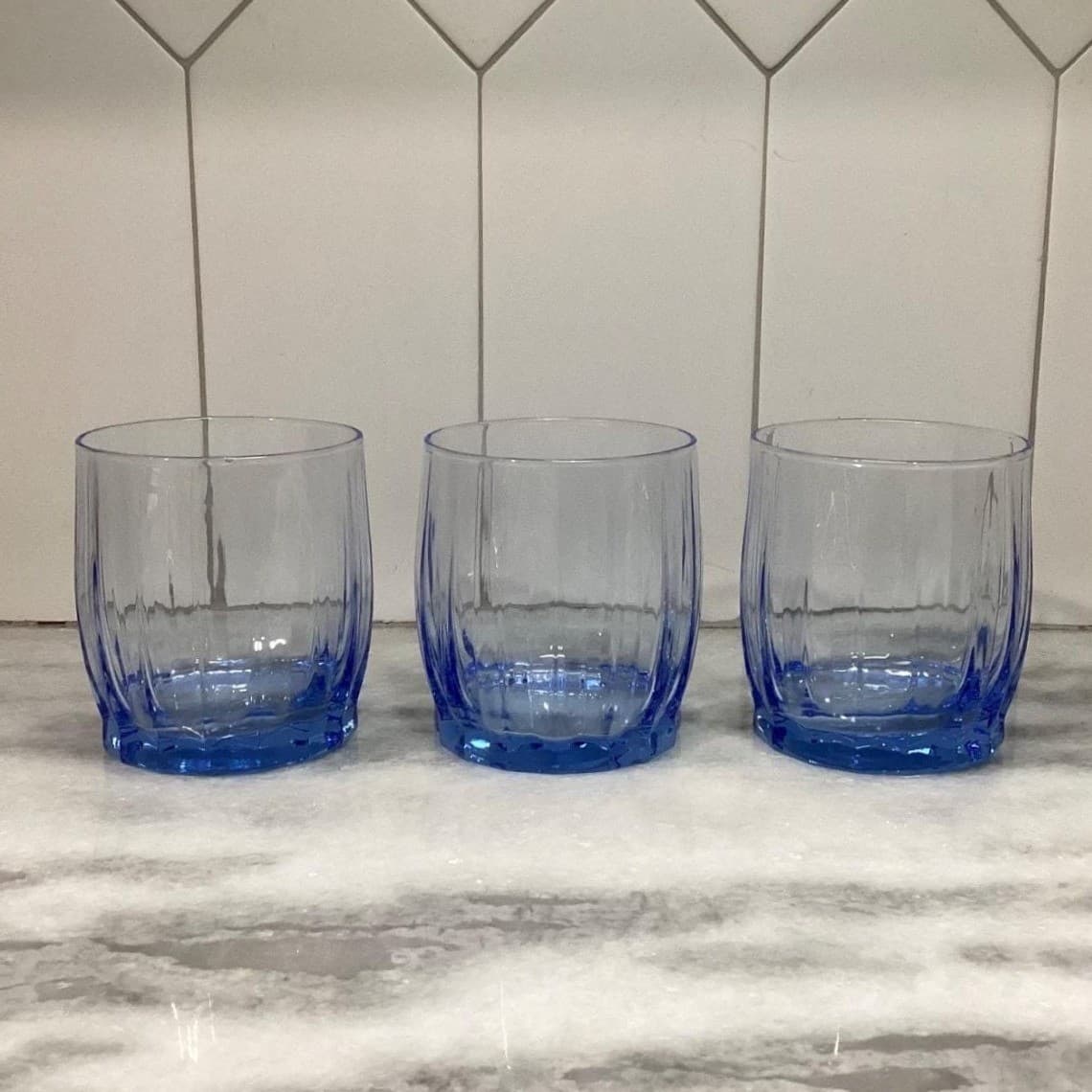 Oneida Valor Blue Juice Glasses, Set of 3, Vintage Pasabahce Ribbed Tumblers - Thumbnail 3