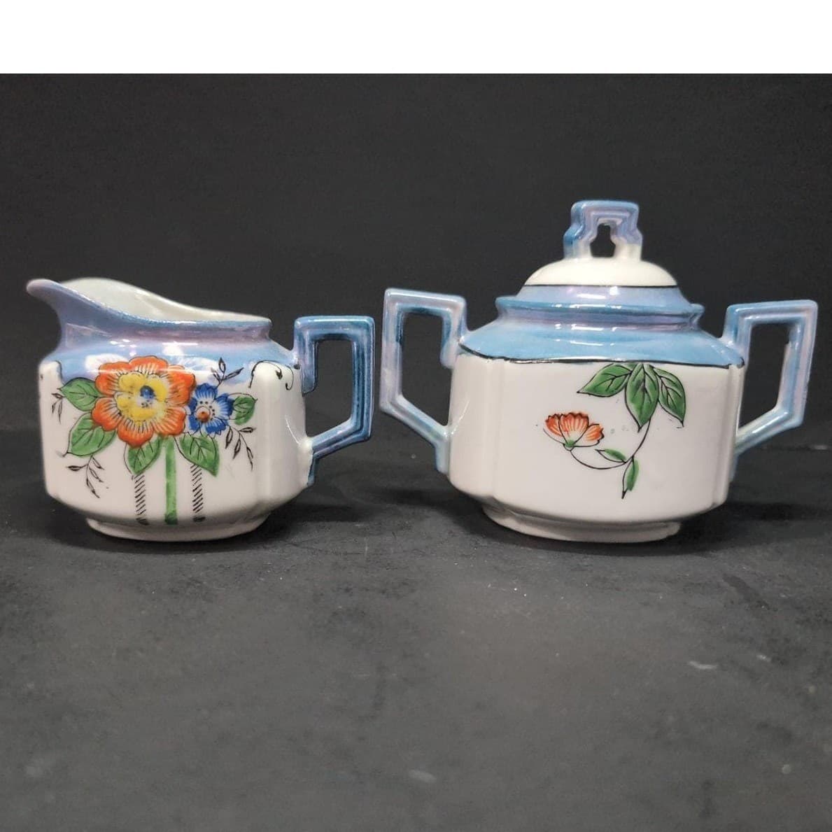Lustreware Cream and Sugar Bowl Set, Vintage Japanese Porcelain Tea Service - Thumbnail 4