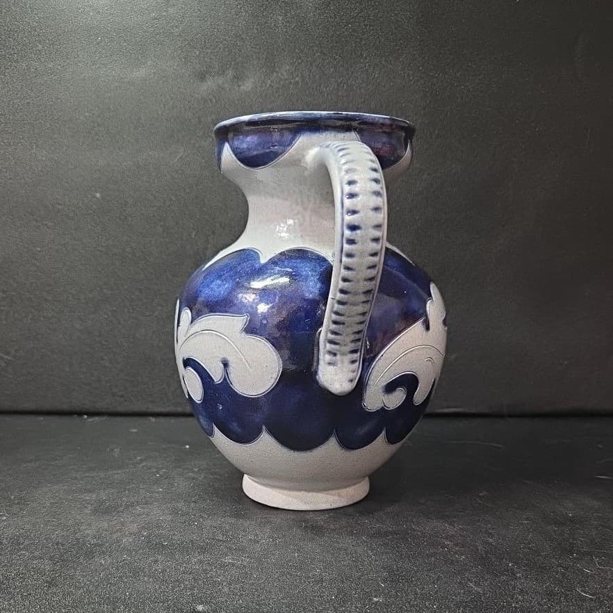 Salt Glaze Gray Cobalt Blue Pitcher, Replacement Studio Pottery Marked Stoneware - Thumbnail 5