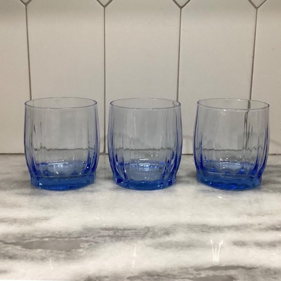 Oneida Valor Blue Juice Glasses, Set of 3, Vintage Pasabahce Ribbed Tumblers - Thumbnail 2