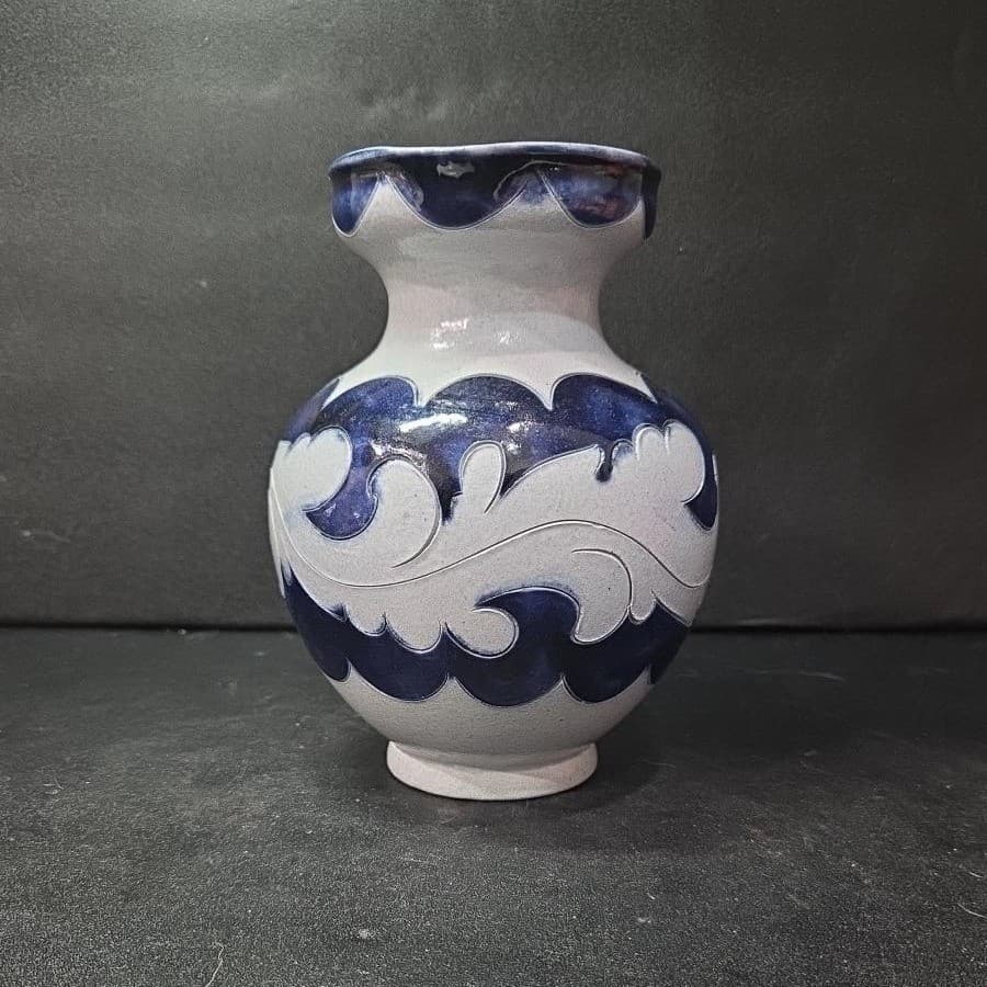 Salt Glaze Gray Cobalt Blue Pitcher, Replacement Studio Pottery Marked Stoneware - Thumbnail 3