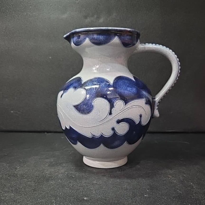 Salt Glaze Gray Cobalt Blue Pitcher, Replacement Studio Pottery Marked Stoneware - Thumbnail 2