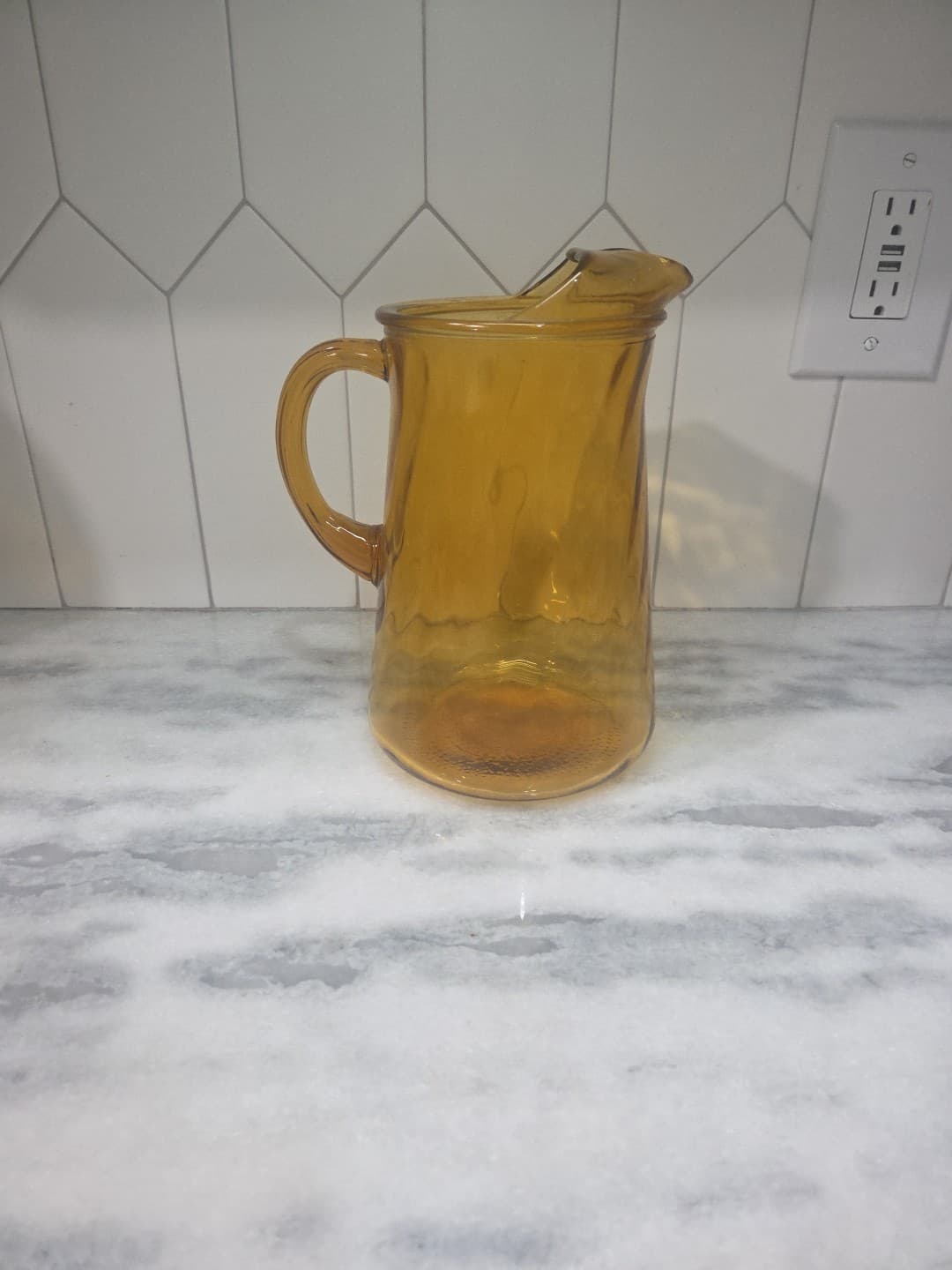 Bartlett Collins Amber Swirl Pitcher, Ice Lip, Vtg Glassware, 8.75" Tall Pitcher