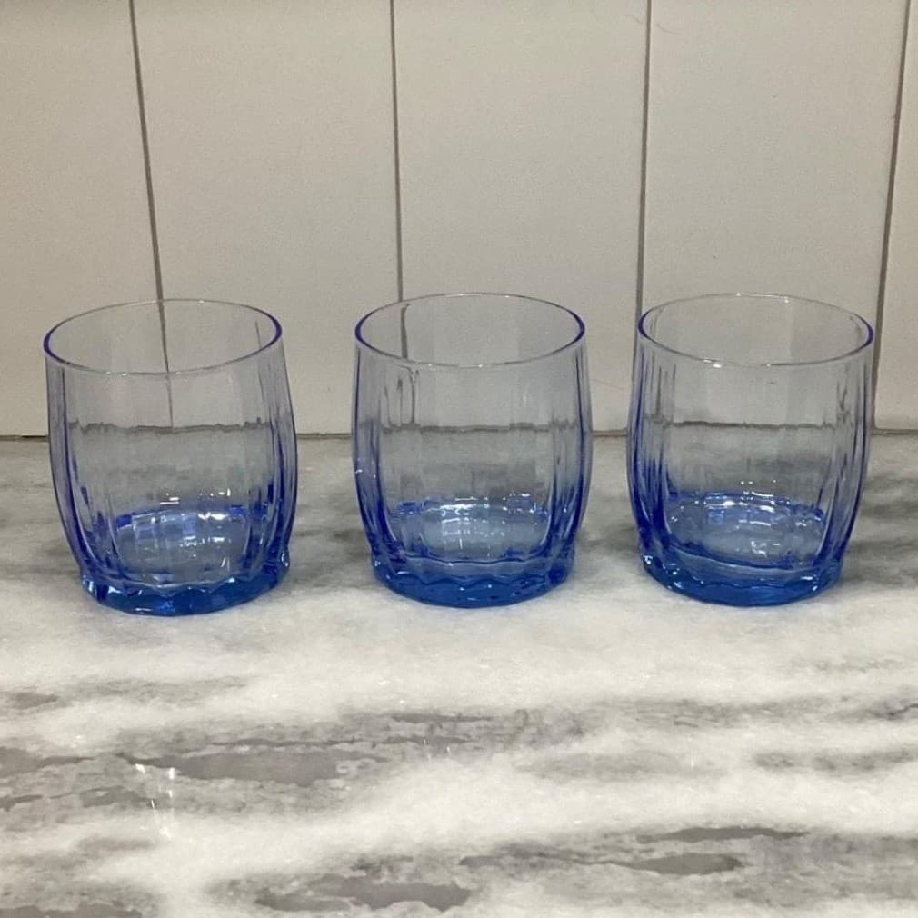 Oneida Valor Blue Juice Glasses, Set of 3, Vintage Pasabahce Ribbed Tumblers - Thumbnail 6