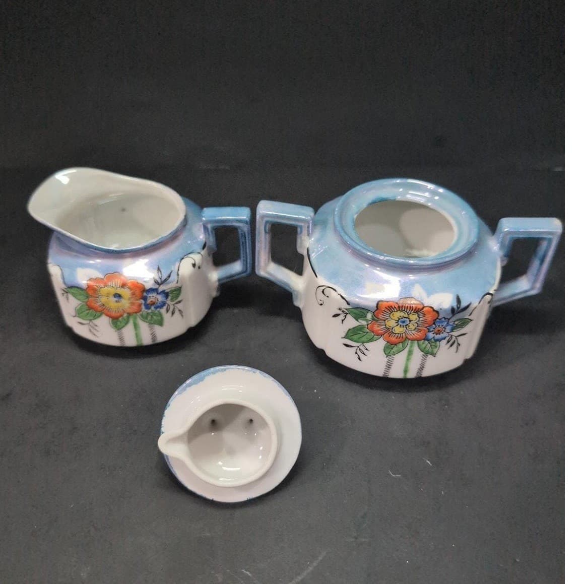 Lustreware Cream and Sugar Bowl Set, Vintage Japanese Porcelain Tea Service - Thumbnail 6