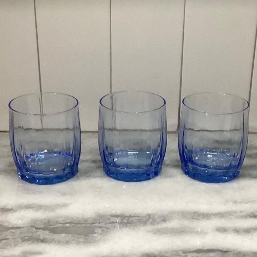 Oneida Valor Blue Juice Glasses, Set of 3, Vintage Pasabahce Ribbed Tumblers - Thumbnail 7