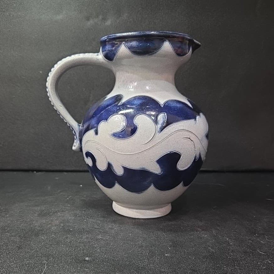 Salt Glaze Gray Cobalt Blue Pitcher, Replacement Studio Pottery Marked Stoneware - Thumbnail 4