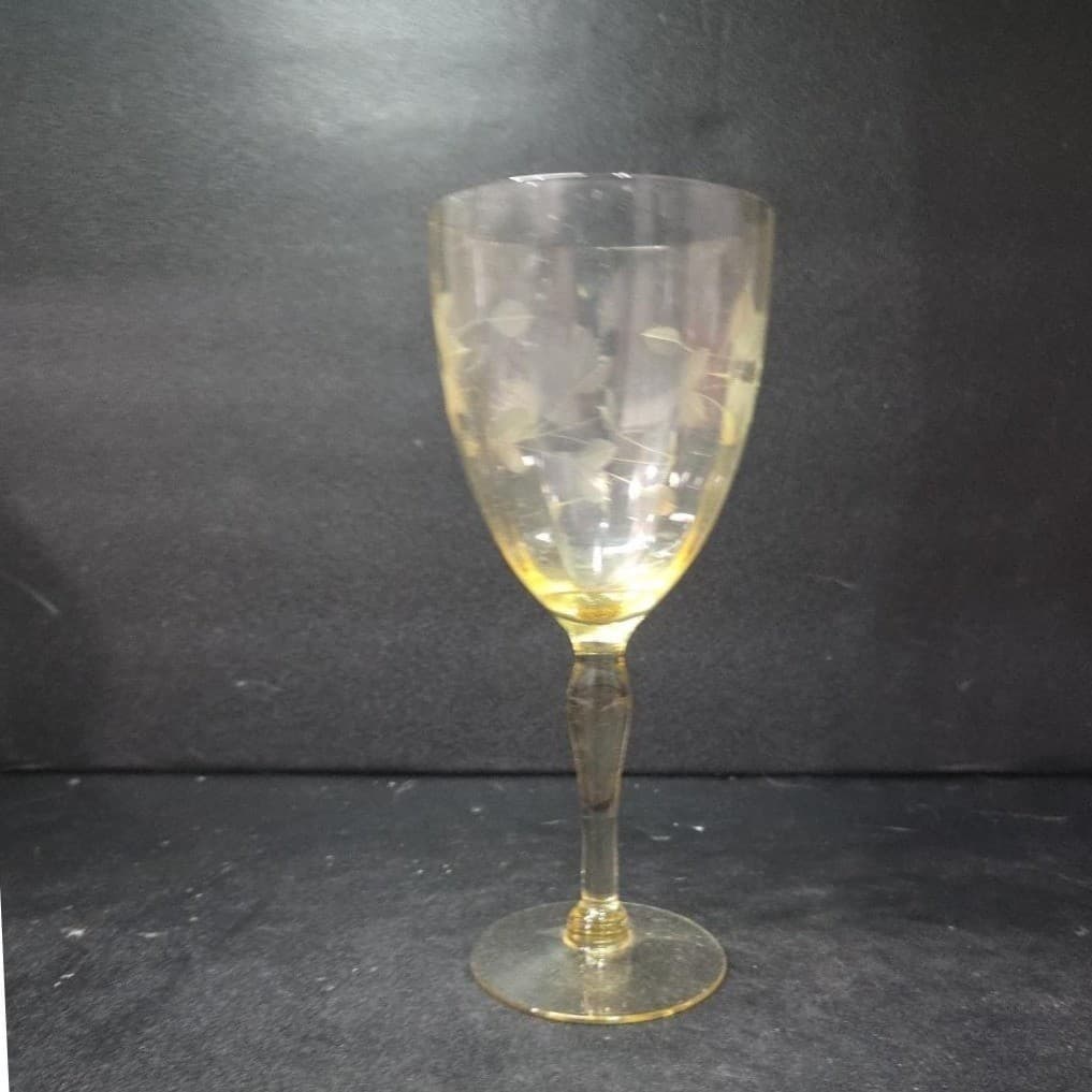 Lancaster Jubilee Yellow Wine Goblet, Floral Etched Amber Glassware, Replacement - Thumbnail 2