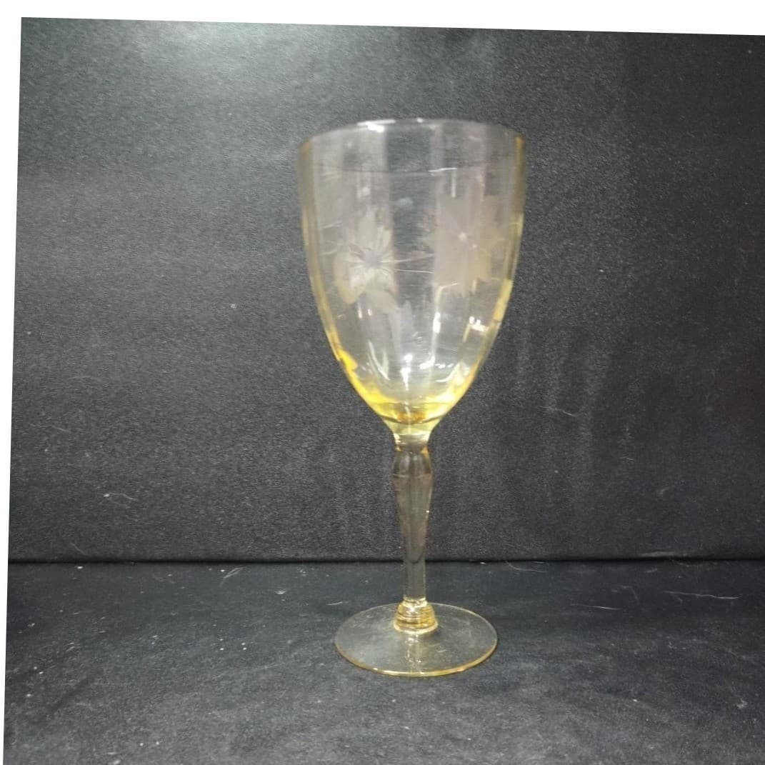 Lancaster Jubilee Yellow Wine Goblet, Floral Etched Amber Glassware, Replacement - Thumbnail 4