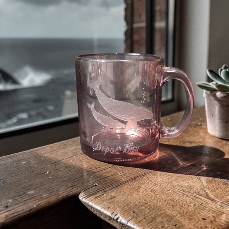 Depoe Bay Blush Pink Coffee Cup, 12oz Vintage Souvenir Mug, Etched Whale Design