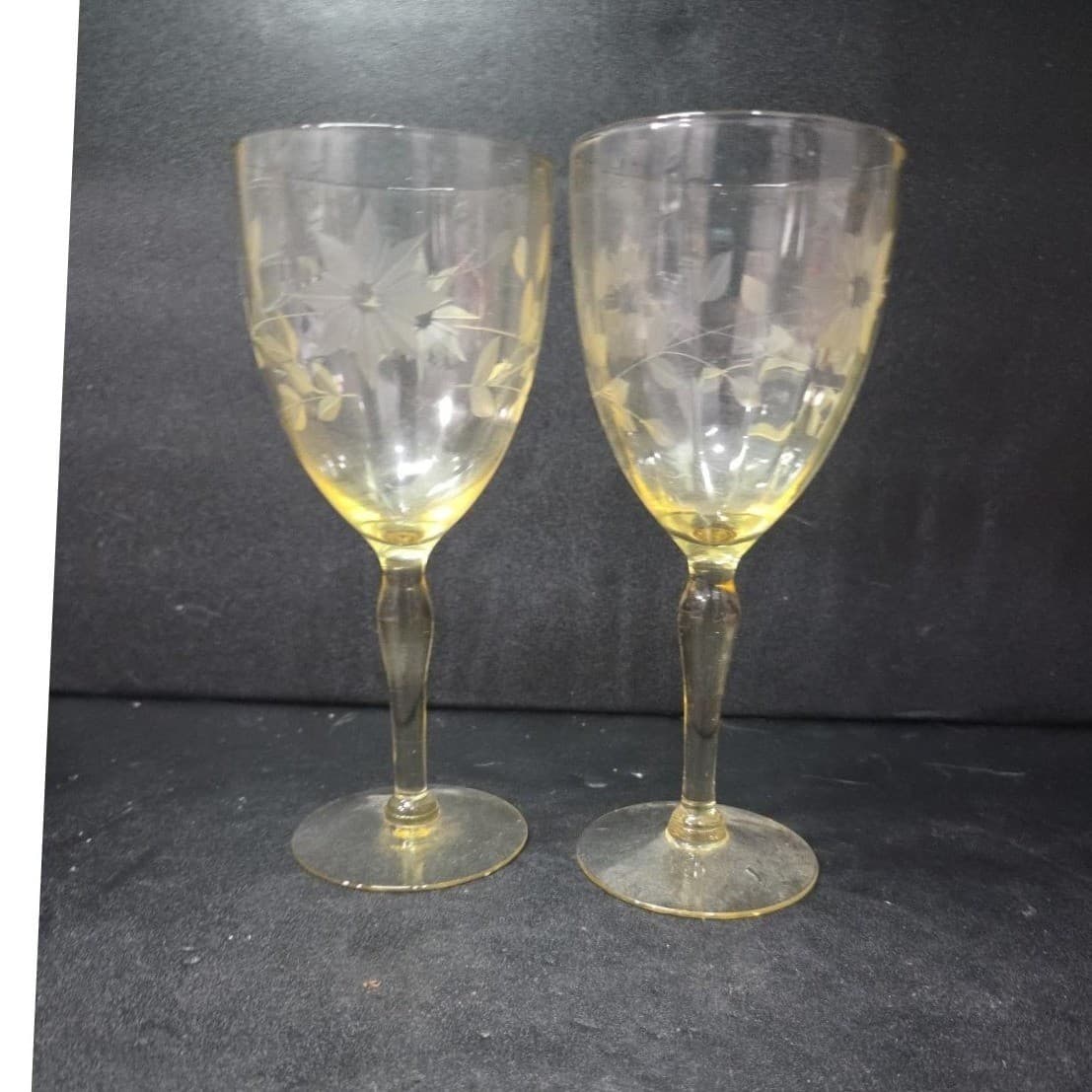 Lancaster Jubilee Yellow Wine Goblets, Set of 2, Floral Etched Optic Stemware - Thumbnail 2
