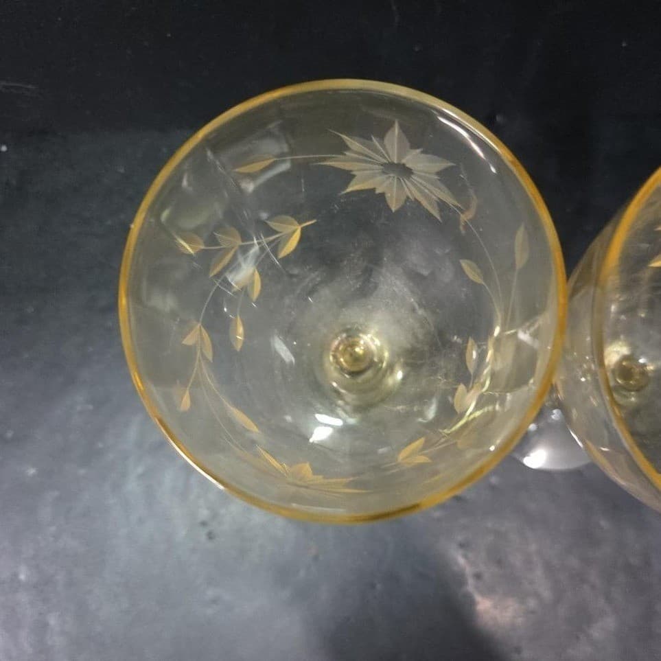 Lancaster Jubilee Yellow Wine Goblets, Set of 2, Floral Etched Optic Stemware - Thumbnail 7