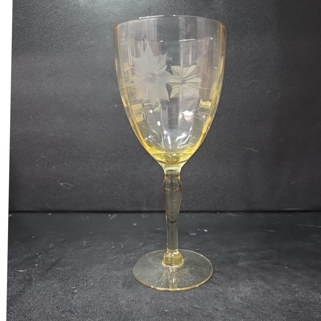 Lancaster Jubilee Yellow Wine Goblet, Floral Etched Amber Glassware, Replacement - Thumbnail 3