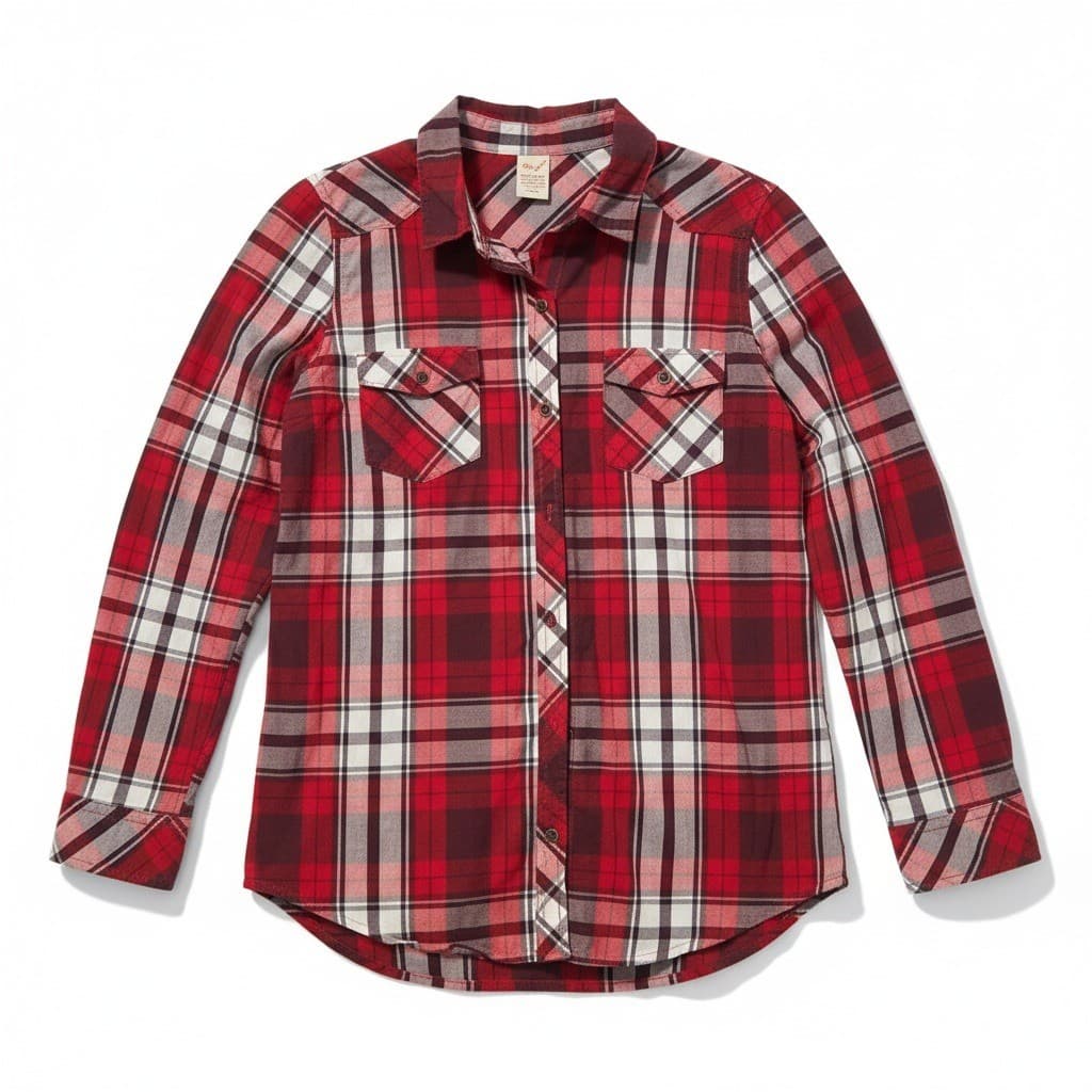 Faded Glory Red Plaid Button Down Shirt, Woman's Medium 8-10, Plum Combo Cotton