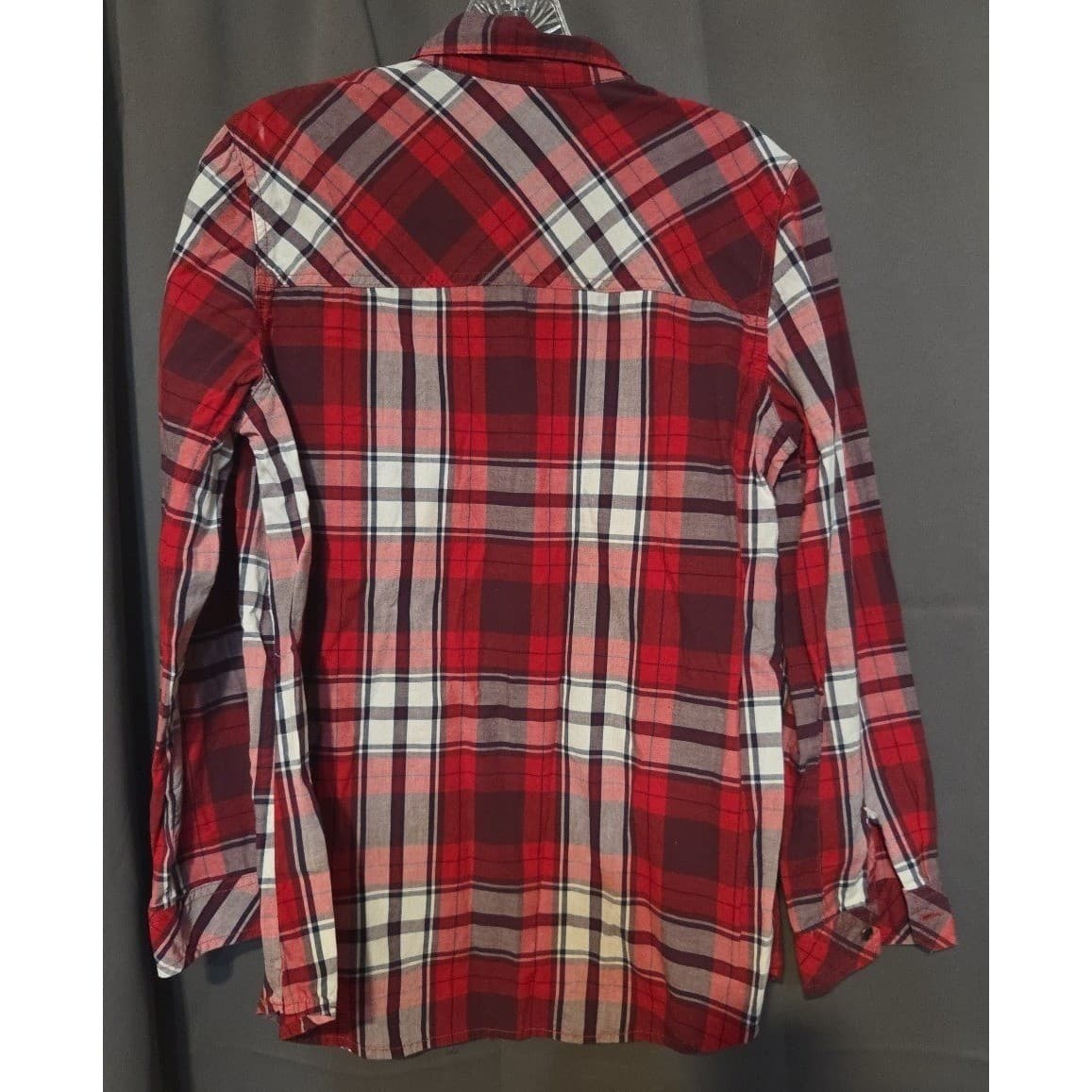 Faded Glory Red Plaid Button Down Shirt, Woman's Medium 8-10, Plum Combo Cotton - Thumbnail 4