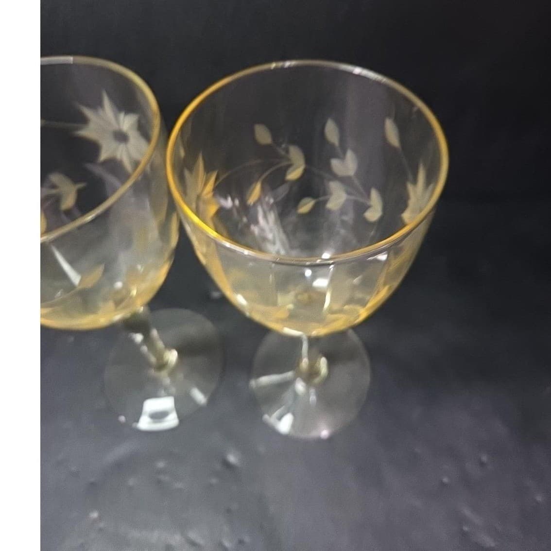 Lancaster Jubilee Yellow Wine Goblets, Set of 2, Floral Etched Optic Stemware - Thumbnail 6