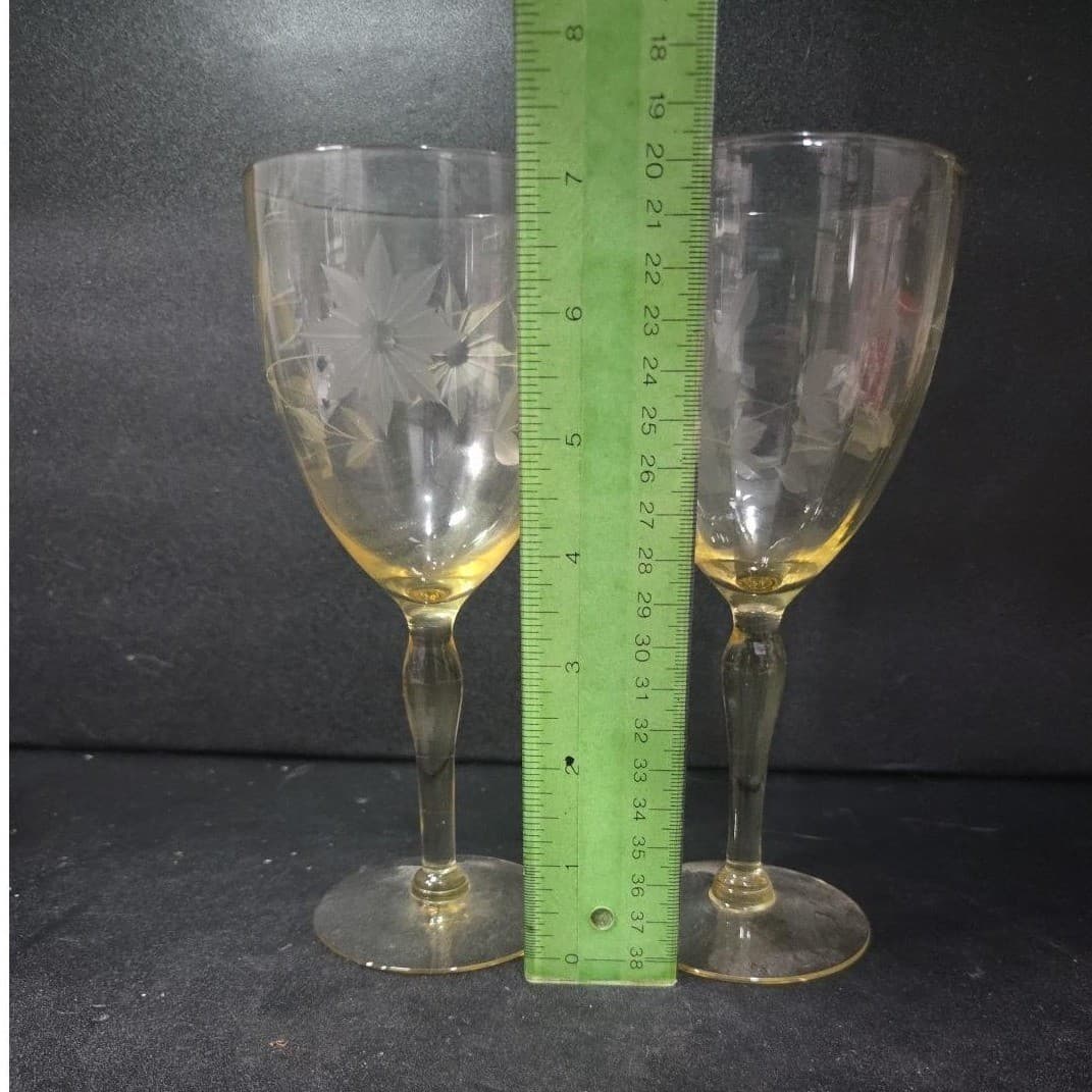 Lancaster Jubilee Yellow Wine Goblets, Set of 2, Floral Etched Optic Stemware - Thumbnail 9
