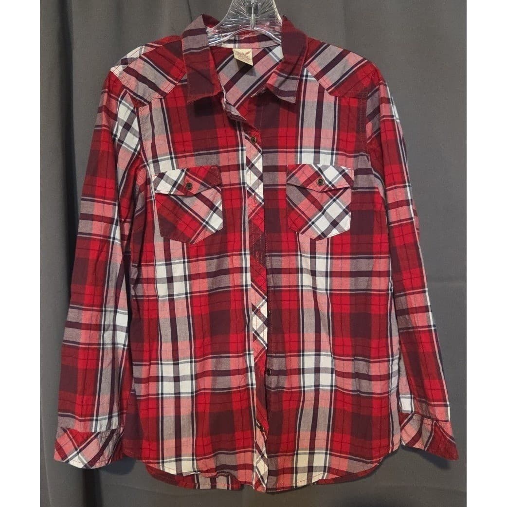 Faded Glory Red Plaid Button Down Shirt, Woman's Medium 8-10, Plum Combo Cotton - Thumbnail 3