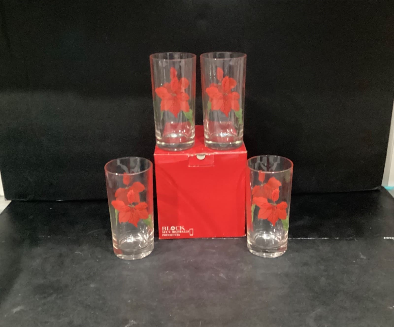Set of 4 Crisal Portugal Block Spal Poinsettia 12 OZ Glassware Tumbler Highball!