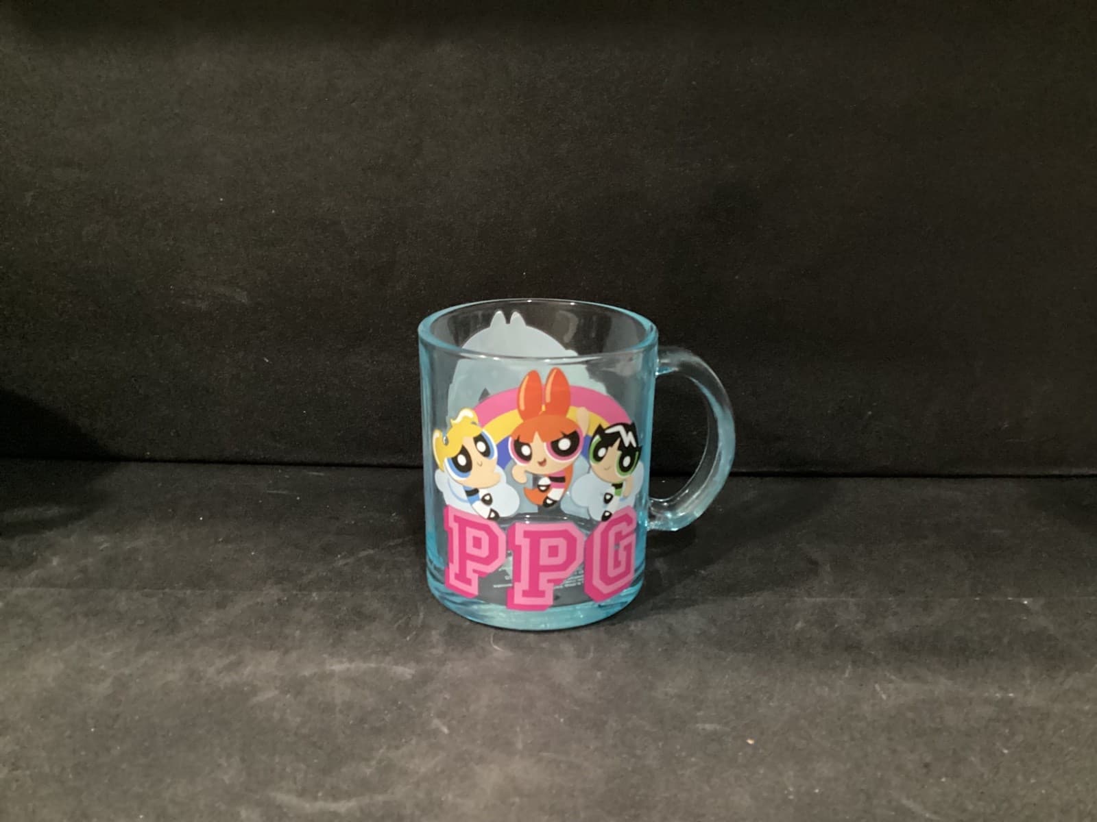 Power Puff Girls Clear Blue Glass Mug PPG Coffee Cartoon Holds 17.5 Ounces