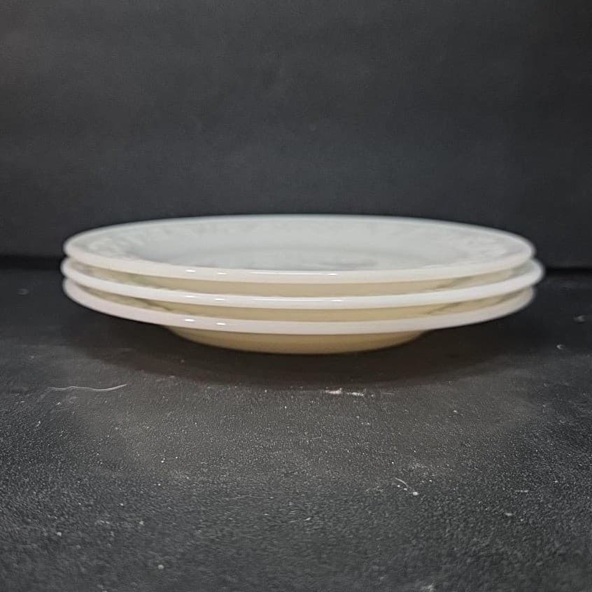 Hazel Atlas Milk Glass Salad Plates, Set of 3, Vintage Floral Embossed Dishes - Thumbnail 7