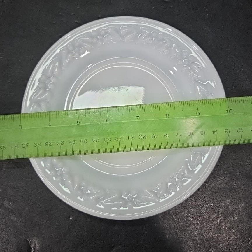 Hazel Atlas Milk Glass Salad Plates, Set of 3, Vintage Floral Embossed Dishes - Thumbnail 5