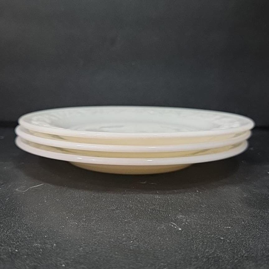 Hazel Atlas Milk Glass Salad Plates, Set of 3, Vintage Floral Embossed Dishes - Thumbnail 9