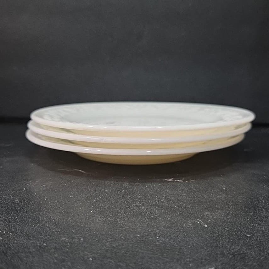 Hazel Atlas Milk Glass Salad Plates, Set of 3, Vintage Floral Embossed Dishes - Thumbnail 6