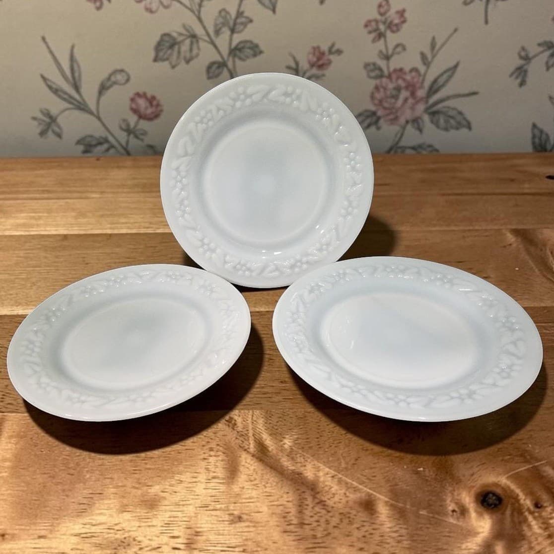 Hazel Atlas Milk Glass Salad Plates, Set of 3, Vintage Floral Embossed Dishes