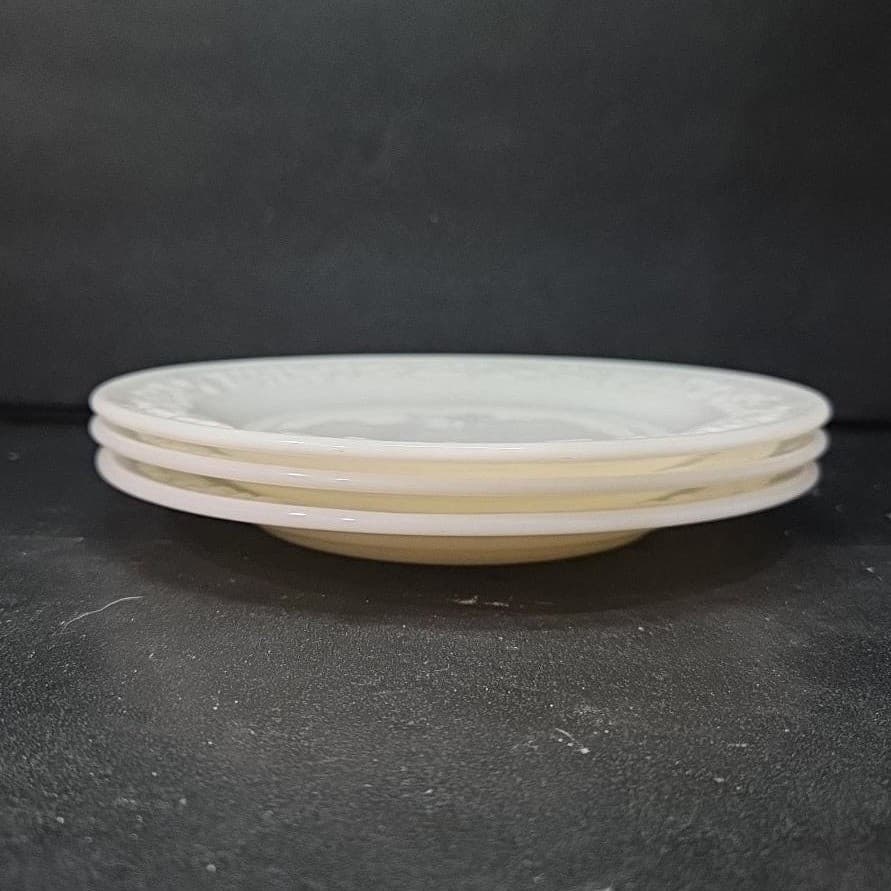 Hazel Atlas Milk Glass Salad Plates, Set of 3, Vintage Floral Embossed Dishes - Thumbnail 8