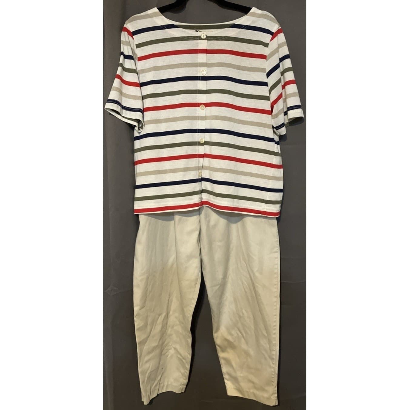 Season Ticket Striped Button Front Top & Khaki Pants Set, Women's Large, Vintage - Thumbnail 4