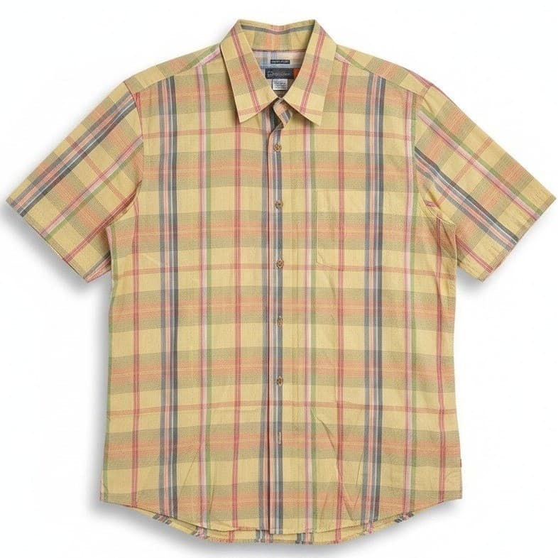 Quiksilver Yellow Plaid Short Sleeve Button Up, Regular Fit Shirt, Men's Large