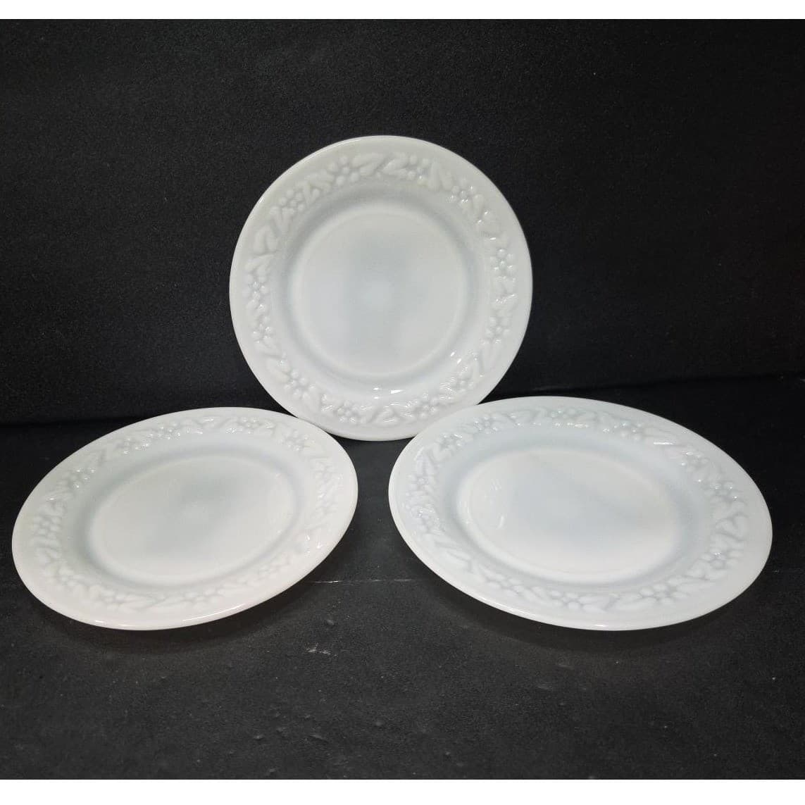 Hazel Atlas Milk Glass Salad Plates, Set of 3, Vintage Floral Embossed Dishes - Thumbnail 2