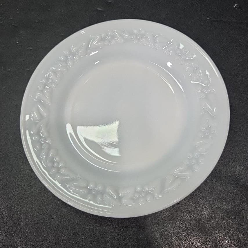 Hazel Atlas Milk Glass Salad Plates, Set of 3, Vintage Floral Embossed Dishes - Thumbnail 3