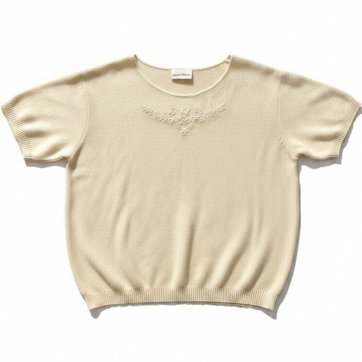 Jaclyn Smith Vintage Cream Knit Short Sleeve Embroidered Sweater, Women's Small