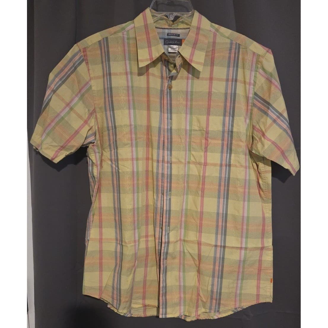 Quiksilver Yellow Plaid Short Sleeve Button Up, Regular Fit Shirt, Men's Large - Thumbnail 3