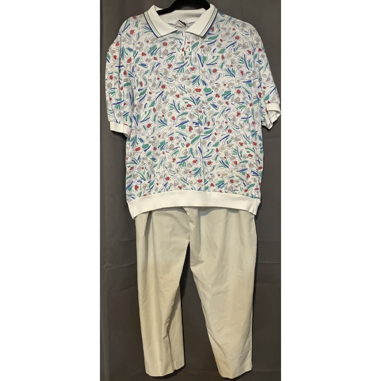 Cricket Lane Floral Polo Top & Tan Pants Set, Made in USA, Women Large, Vintage - Thumbnail 4