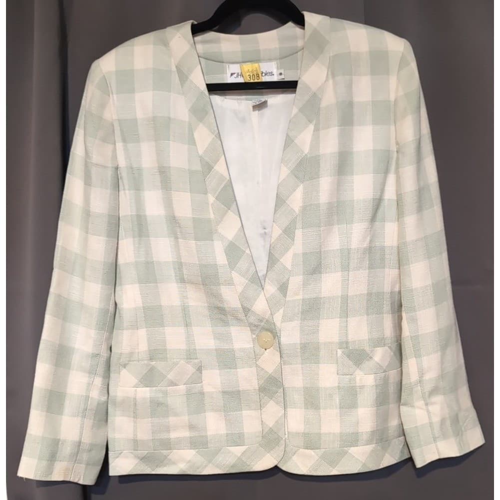 JH Collectibles Vintage Gingham Blazer Sage Green Plaid Collarless Jacket Size 8 - Thumbnail 3
