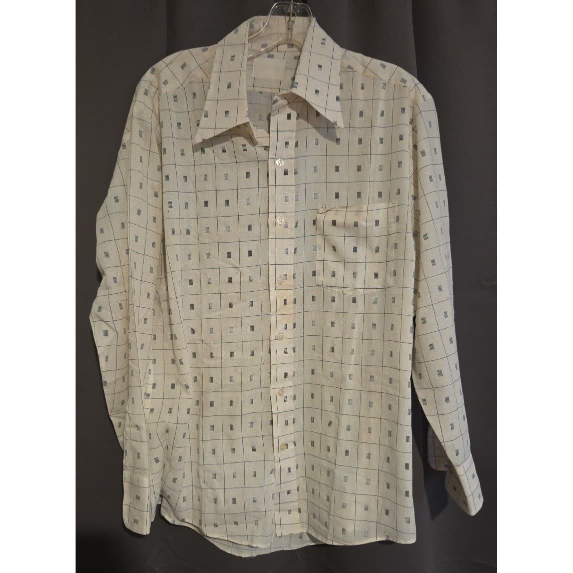 Montgomery Ward Vintage Grid Print Button Down Shirt, Cream Navy, Men's L/S - Thumbnail 3