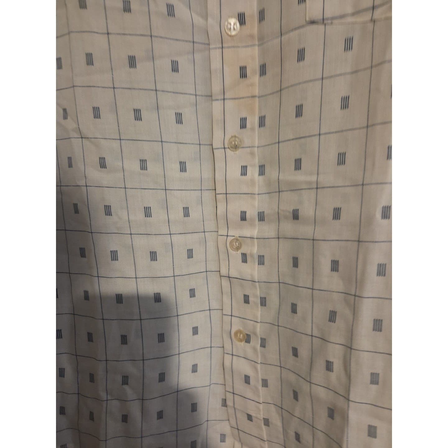 Montgomery Ward Vintage Grid Print Button Down Shirt, Cream Navy, Men's L/S - Thumbnail 6