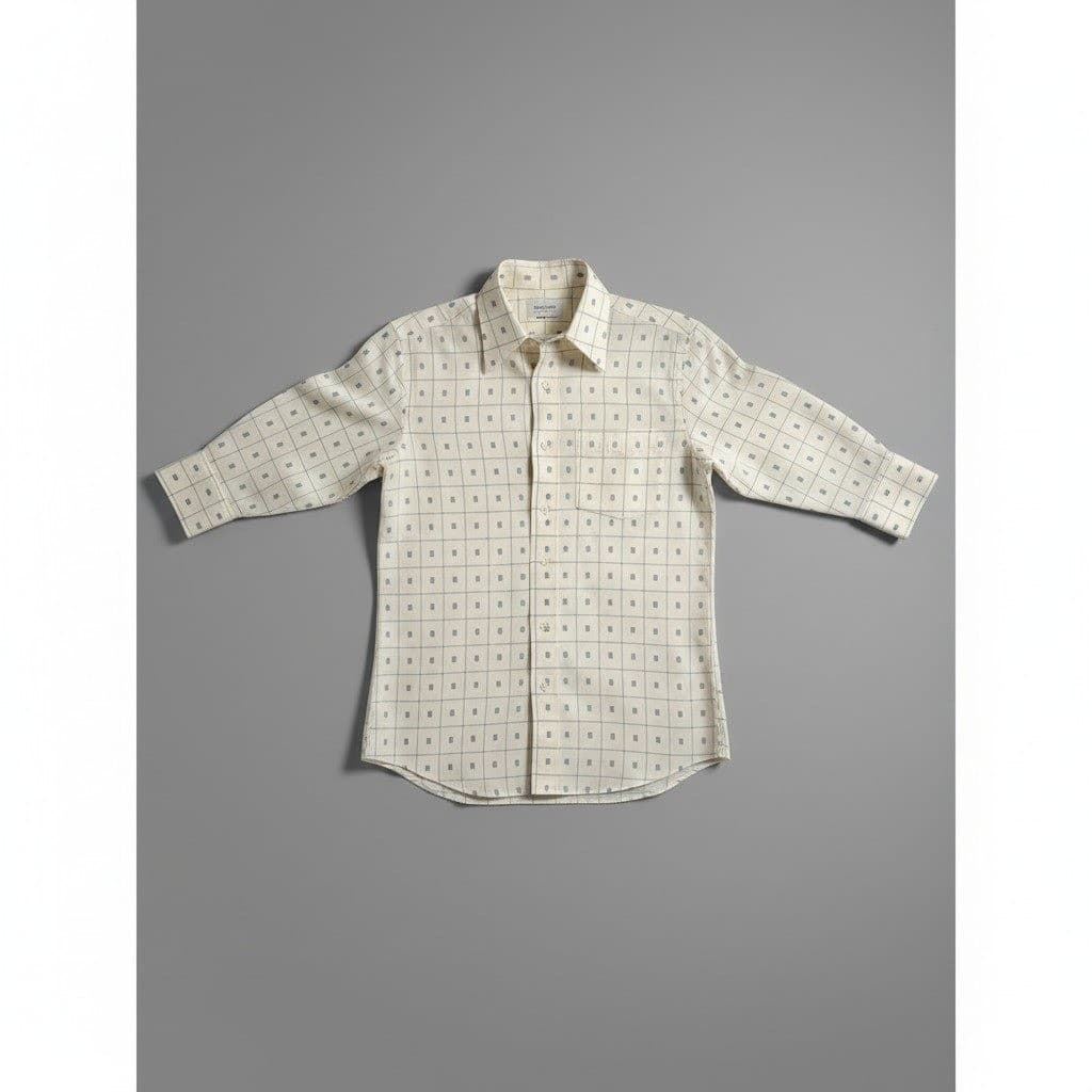 Montgomery Ward Vintage Grid Print Button Down Shirt, Cream Navy, Men's L/S