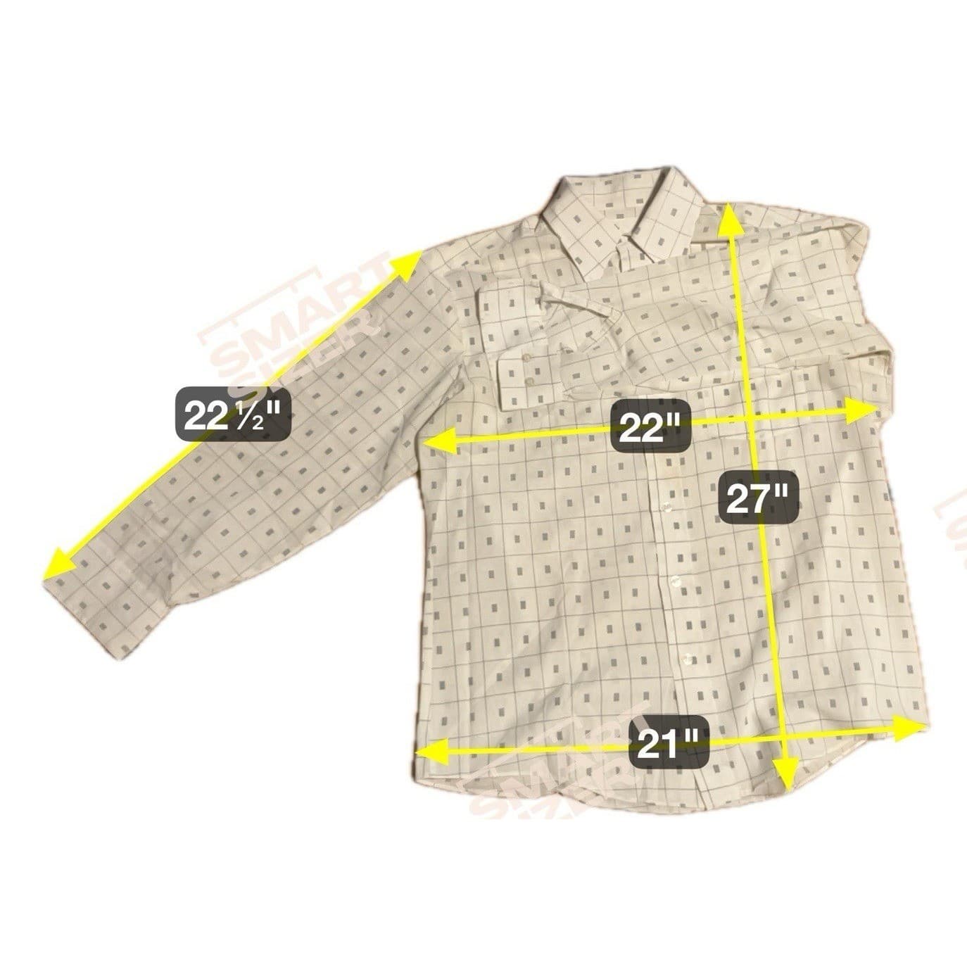 Montgomery Ward Vintage Grid Print Button Down Shirt, Cream Navy, Men's L/S - Thumbnail 2